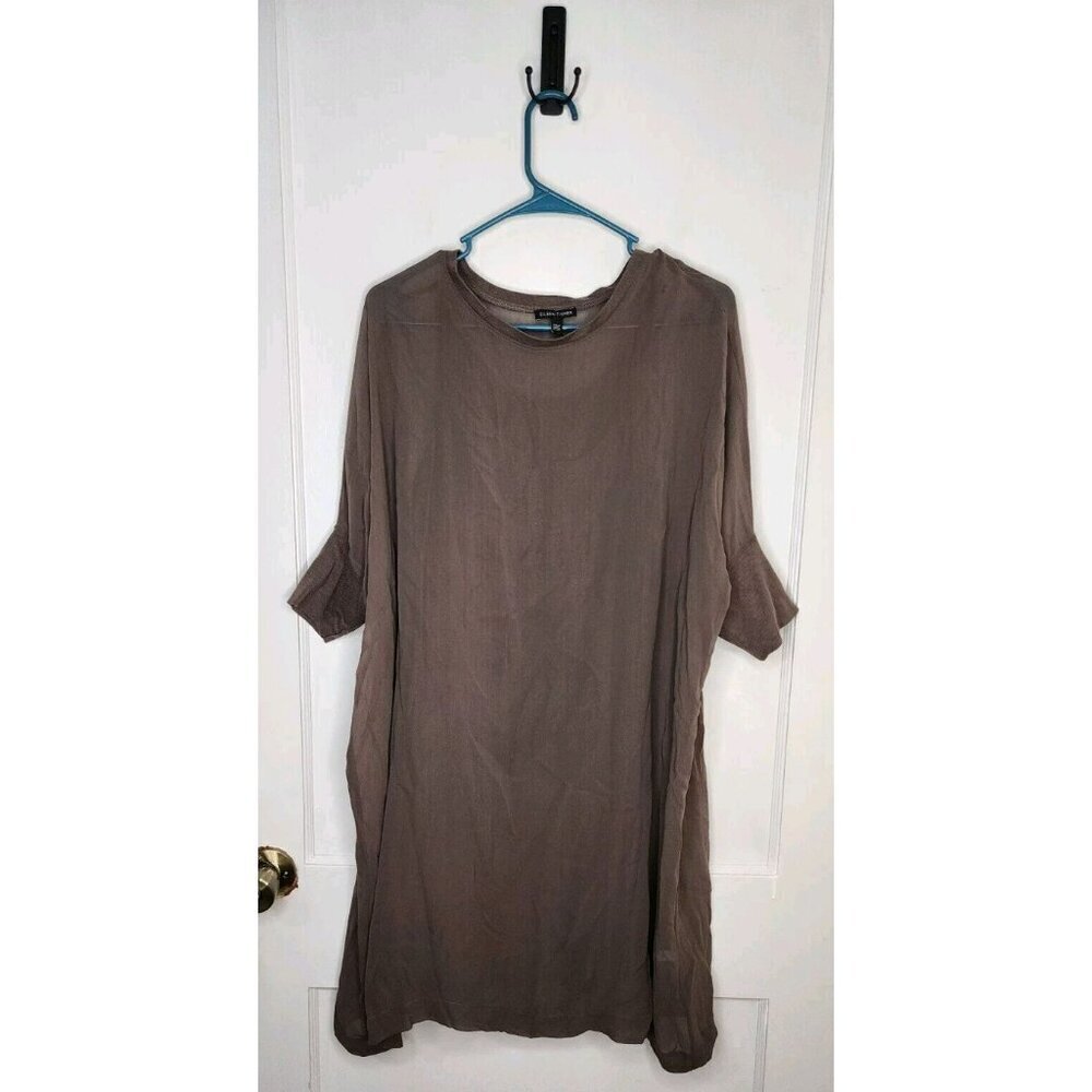 EILEEN FISHER Dress S Sheer Silk Georgette Shift Round Neck Dolman Sleeve Brown